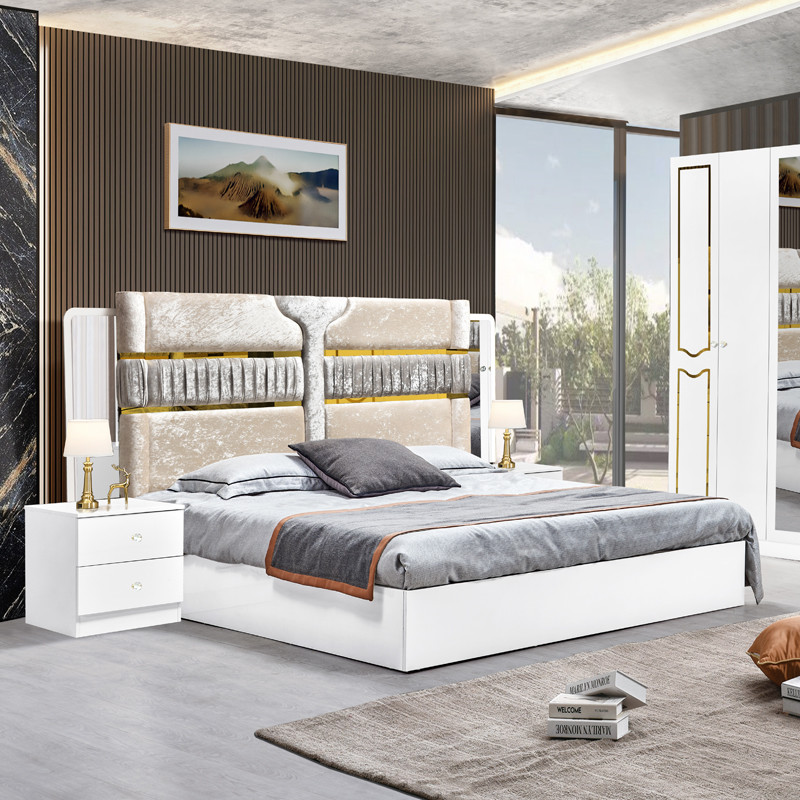 High Gloss White Wooden Frame Double Bed Suite Luxury King Size Modern Design Mdf Full Set Bedroom Furniture
