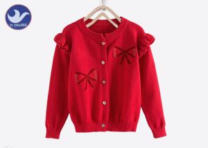China Sweet Butterfly Ribbon Girls Red Cardigan Sweater , Girls Knitted Cardigan Crew Neck wholesale