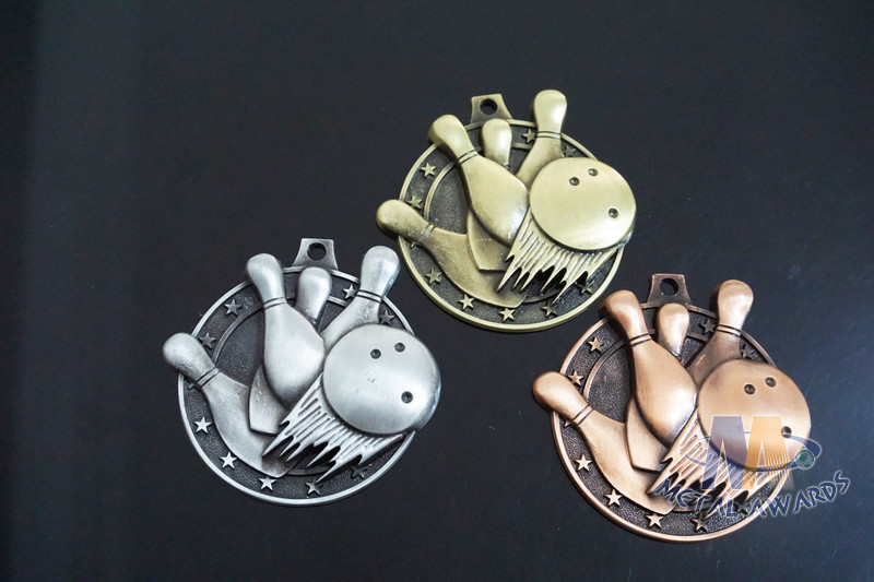 Metal Zinc Alloy Custom Bowling Sports School Engraved Medals With 2D Or 3D Type, Lanyard Or Ribbon