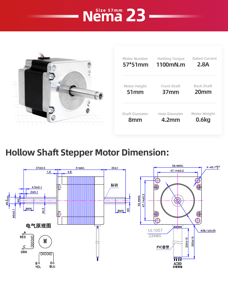 Hybrid Stepper Motor With Double Hollow Shaft and Rated Current of 0.8/0.67/1.0/1.68/2.8A