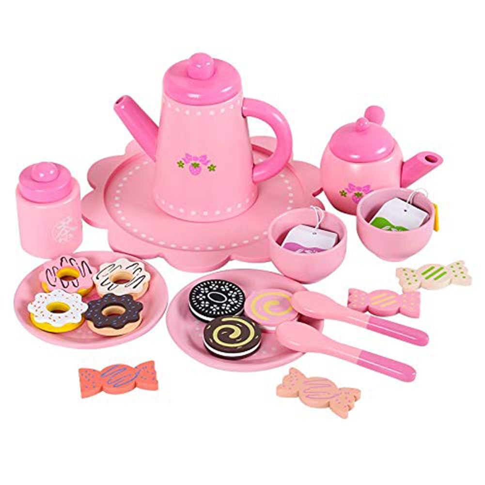 ABS Wooden Tea Party Set with Cupcake Stand Play Food Kitchen Accessories for Toddlers