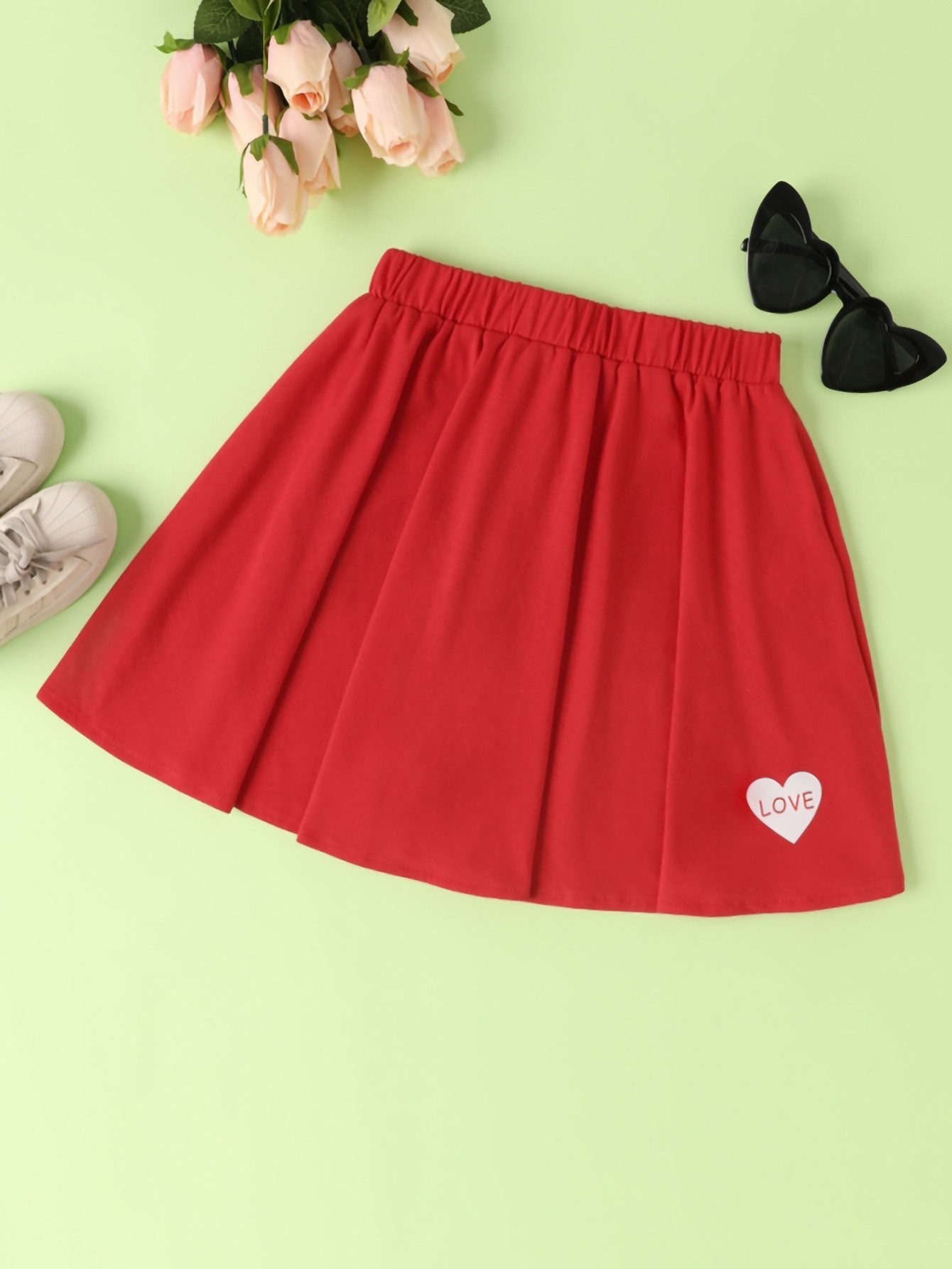 Girls Red Short Skirts And Dresses With Love Heart Pattern In Polyester Spandex