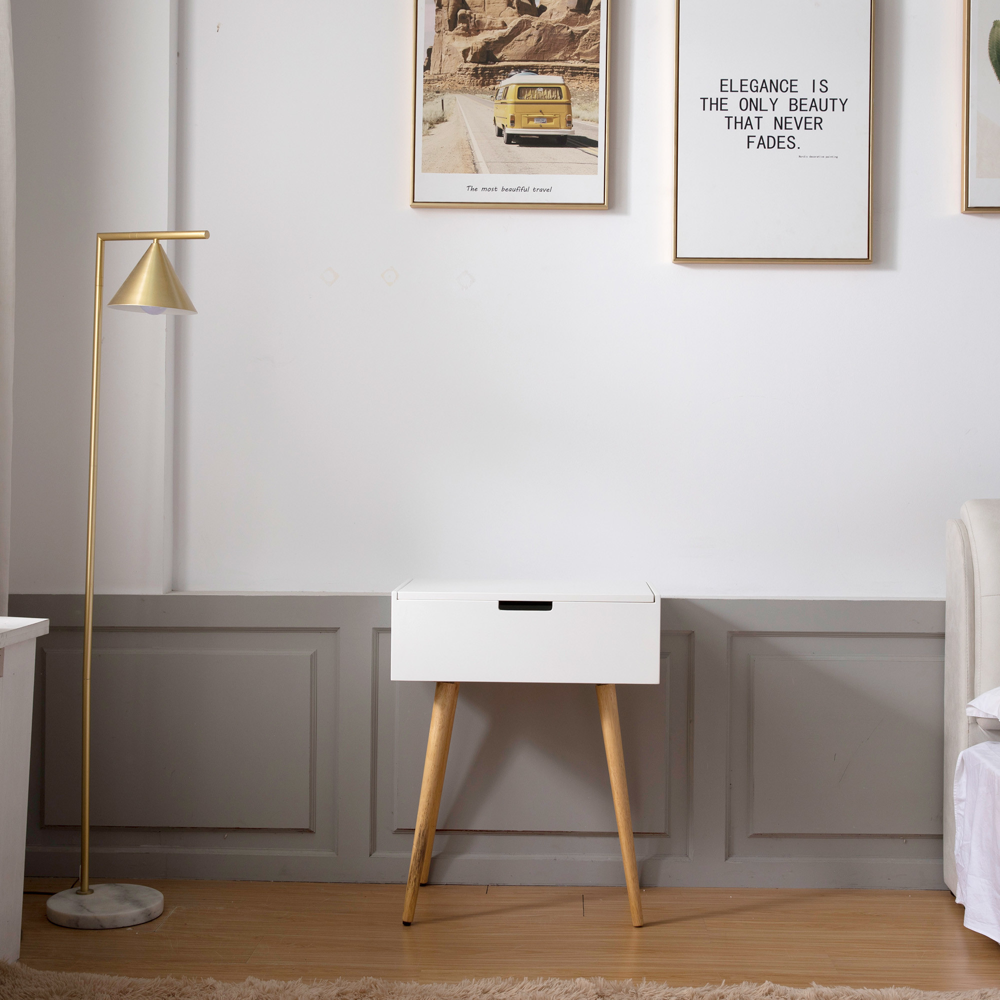 Brown White Wooden Dressing Table With Mirror Large Capacity Luxury For Bedroom Home