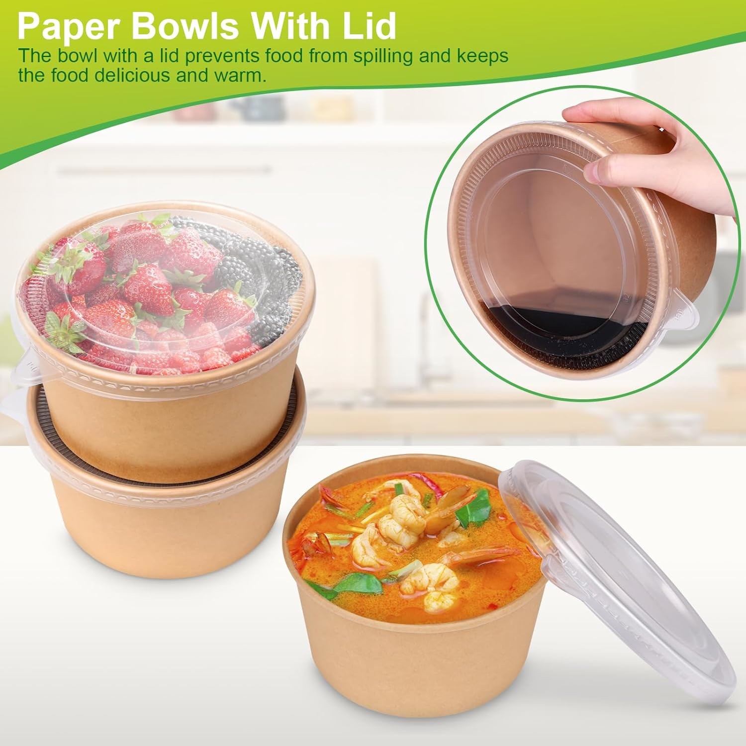 PLA Lid Of Disposable Kraft Bowl Custom Paper Soup Cup Kraft Salad Bowl With Lid