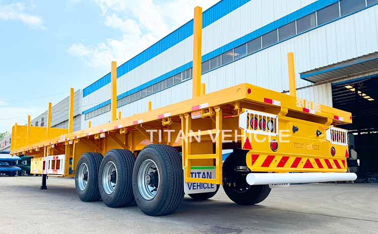 TITAN 3 Axle Flatbed Trailer wilth Columns Wood Log Trailer Timber Trailer Wood Steel Pipe Transport Trailer for Sale