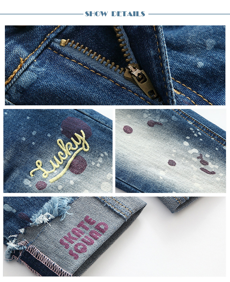 Slim Fit Kids Denim Clothes Children Jeans Pant Color Print Embroidered