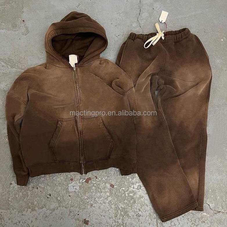 Stylish Men's Cotton Zipped Destroyed Sun Faded Hoodie and Sweatpants Set for Jogging