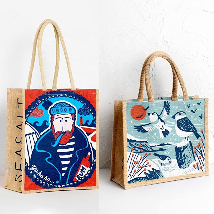 Customized Natural Burlap Printed Jute Bags Grocery Shopping Bags