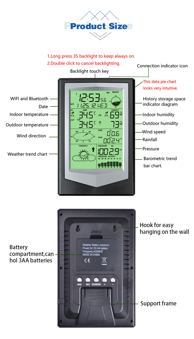 18.5*12.3*2.3cm Multifunctional Household Weather Station Wind Speed Range Of 0-50m/S