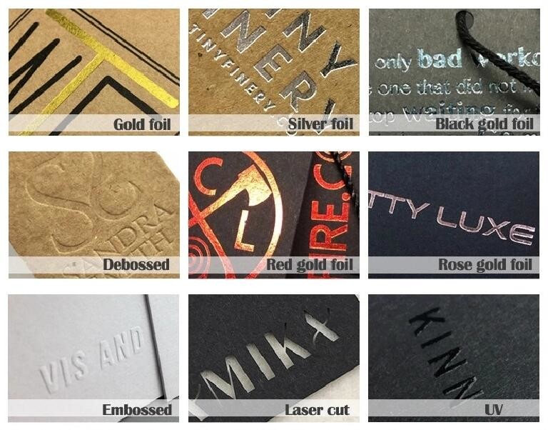 Printed Paper Hang Tags For Clothing Line Plastic Seal Tag UV Coating Silver Foil Logo