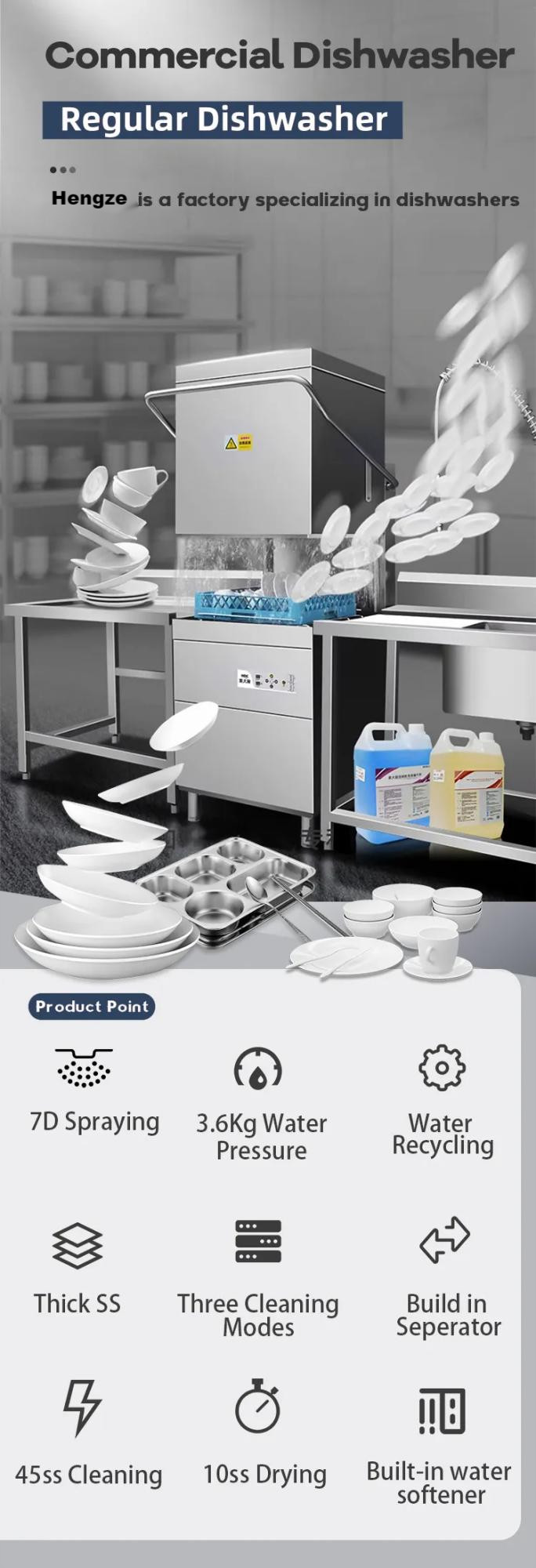 Silver Industrial Dishwasher Conveyor 380V Commercial Hood Type Dishwasher