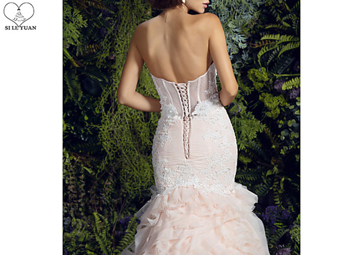 Bandage Lace Strapless Mermaid Bridal Gowns / Organza Pink Mermaid Wedding Gown