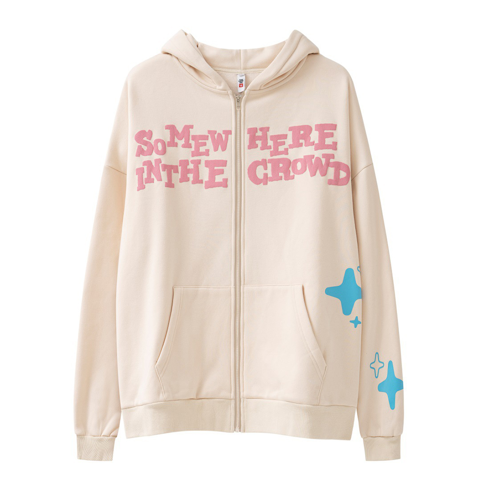 Custom Unisex Y2k Streetwear Zipup Hoodie with 3D Puff Print and Full Zip Closure
