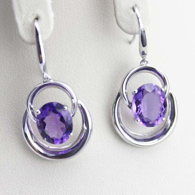 925 Silver 8x10mm Oval Amethyst Cubic Zirconia Dangle Earrings (PSJ03275)