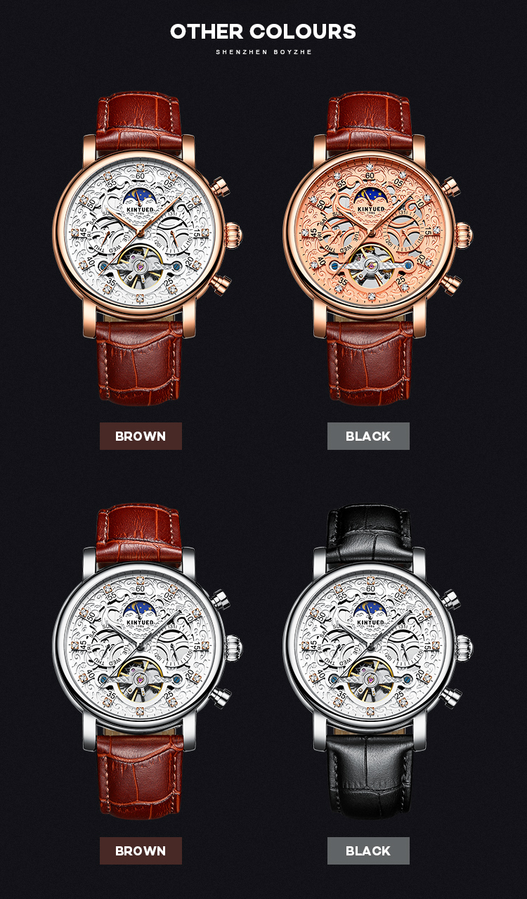 Brand KINYUED watch diamond decoration dial skeleton mens leather automatic mechanical watch