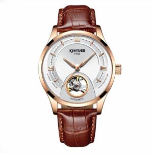 China Gold Case Mens Mechanical Watches Hollow Out Dial Leather Band wholesale