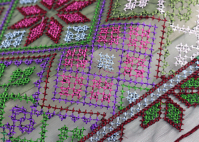 Multi Colored Cross - Stitched Embroidery Lace Fabric From Schiffli Lace Machine