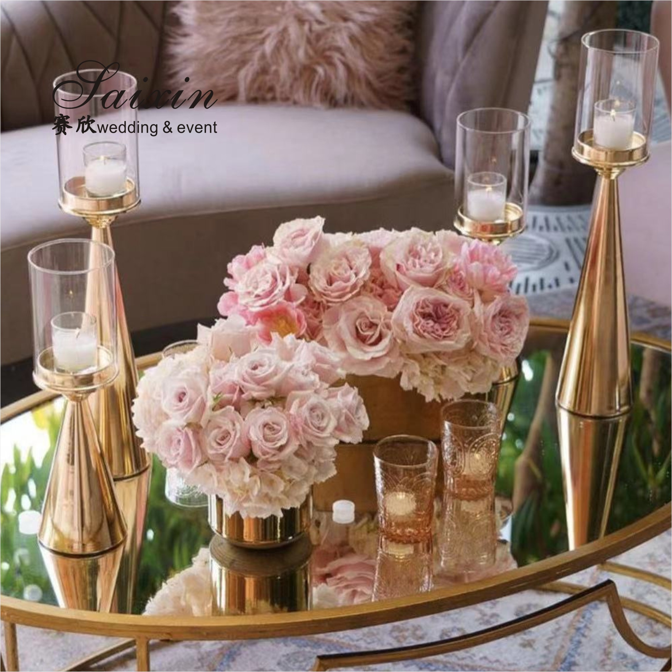 Golden Brass Taper Wedding Candle Holders Centerpiece Pillar 2 Pcs Set