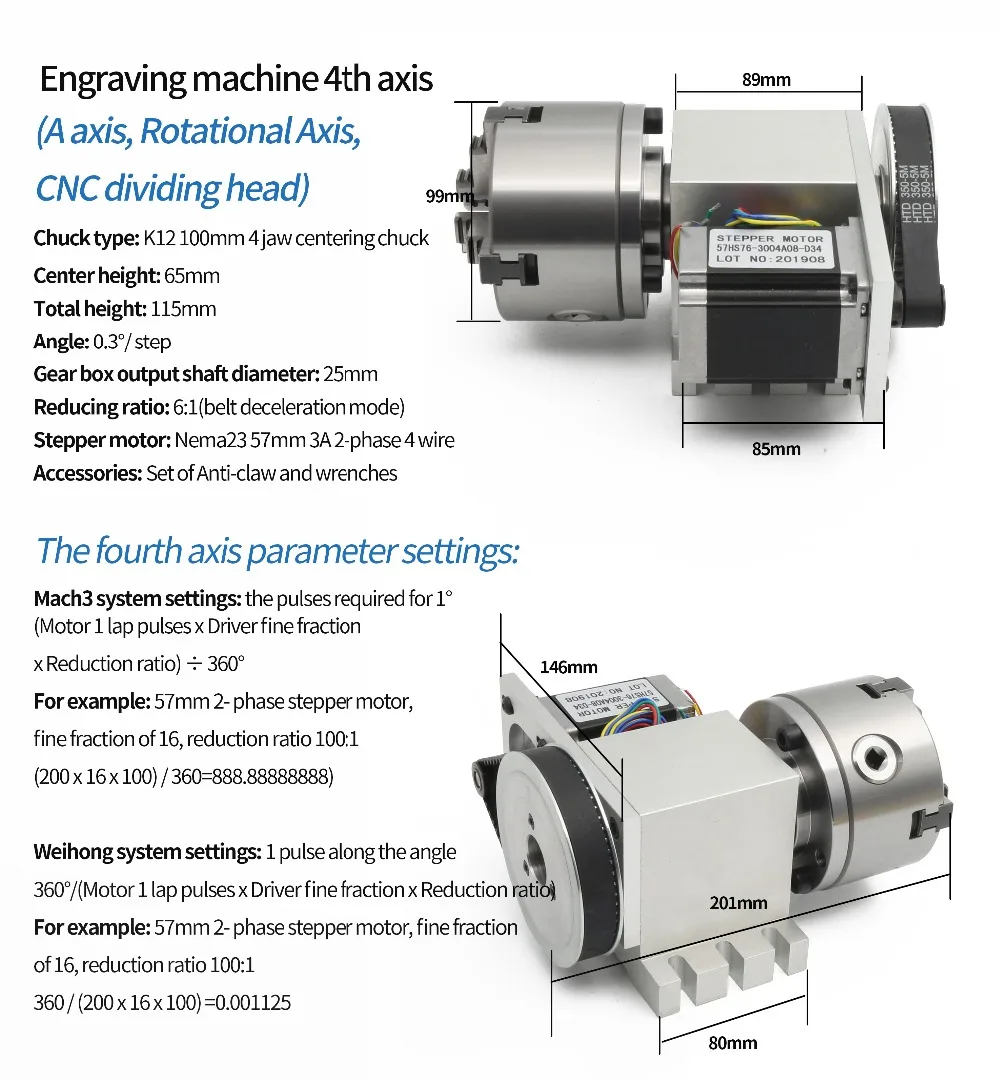 CNC A Rotary 4th Axis MT2 Tailstock 65mm K12-100mm 4 Jaw Chuck Dividing Head
