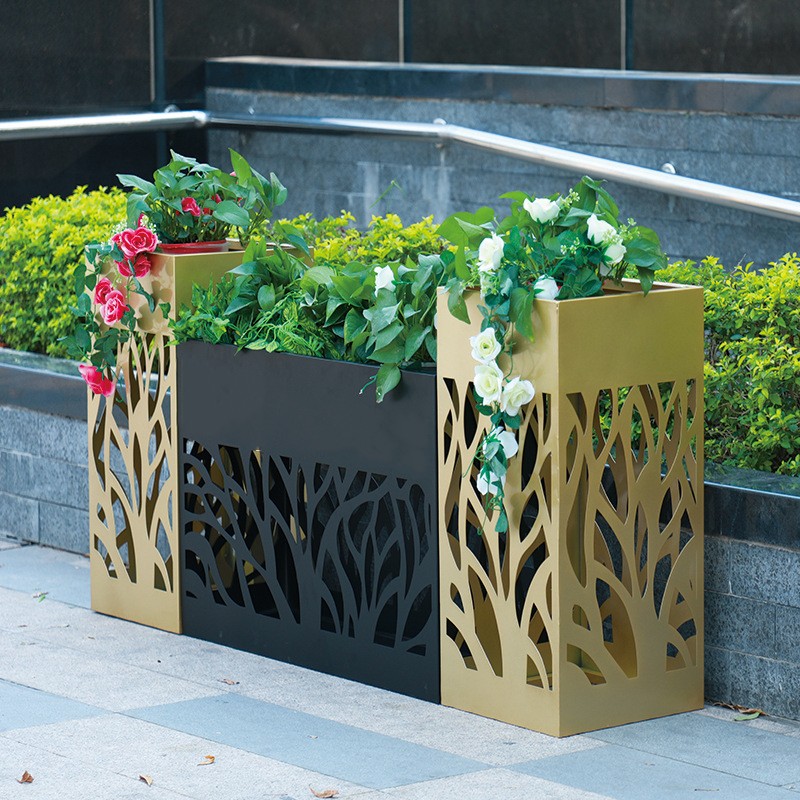 Outdoor tall metal planter with stand yellow and black flower pot