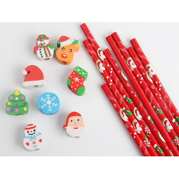 Children School Supplies Christmas Cartoon Eraser Pencil Set with Red Wood Pencils