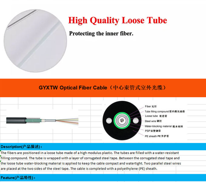2 Core 12 Core Armored Telecommunication Cable GYXTW-4B1 Central Beam Tube Optical Cable