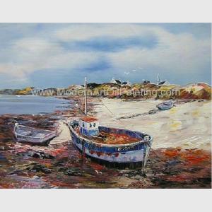 China Hand Painted Fishing Boats Oil Paintings, Abstract Canvas Painting on Beach wholesale