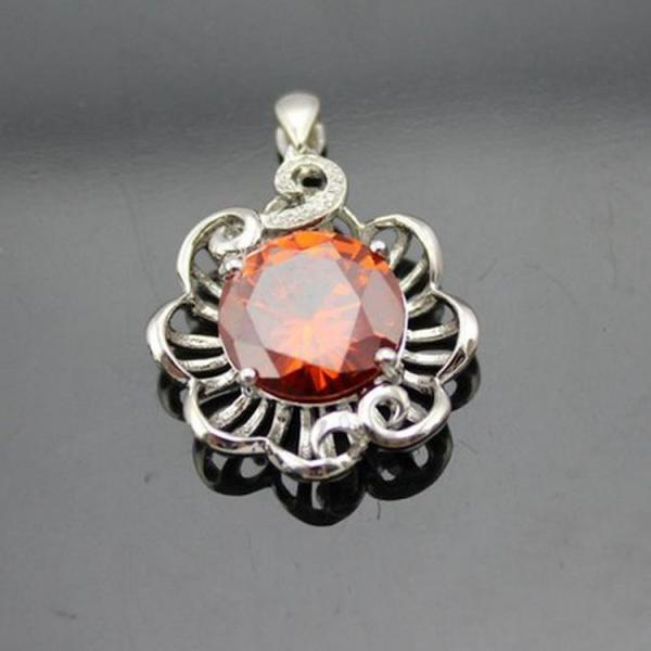925 Silver 12mm Round Garnet Cubic Zircon Flower Style Pendant Necklace (P43)