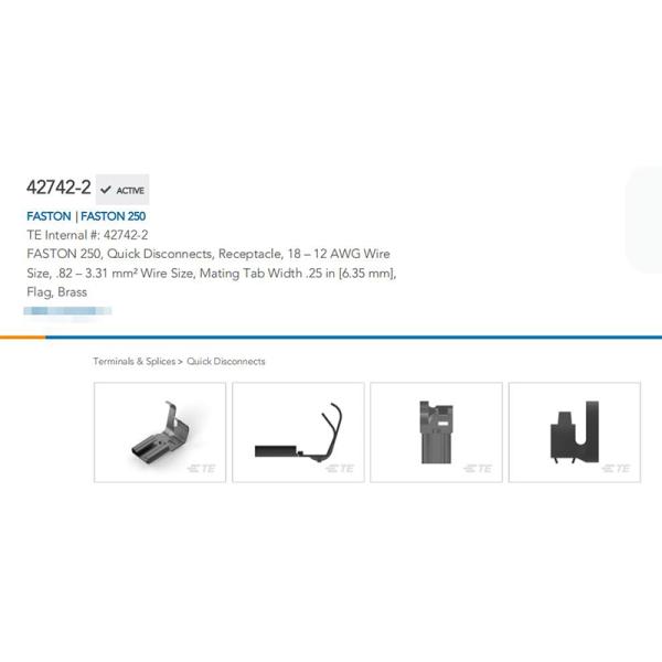 TE Connectivity 42742-2 FASTON 250 Quick Disconnects Receptacle 18 12 AWG Wire Size 82 3.31mm Mating Tab Flag Brass