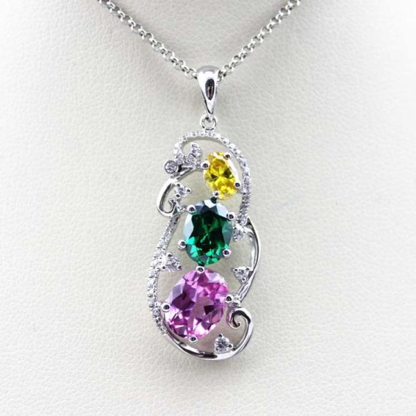 925 Silver Jewelry Oval Mix Blue Red Cubic Zircon Three Stones Pendant Necklace (PSJ0378)