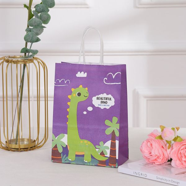 Brown Kraft Paper Dinosaur Hand Printed Cartoon Shopping Bag for Clothing in Shopping Mall