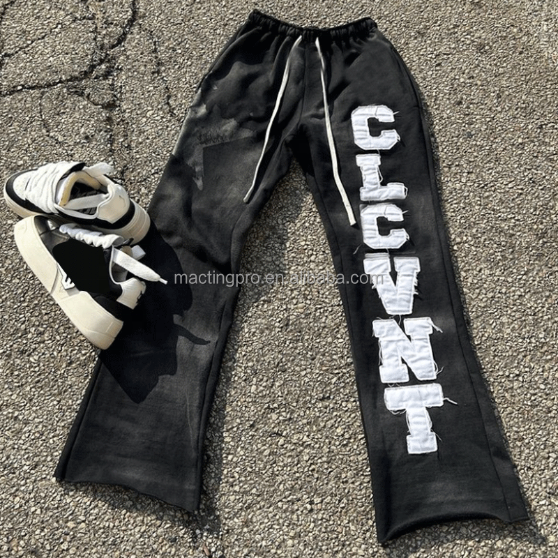 Custom Heavyweight Cotton Distressed Embroidery Patchwork Flared Sweatpants Regular Fit