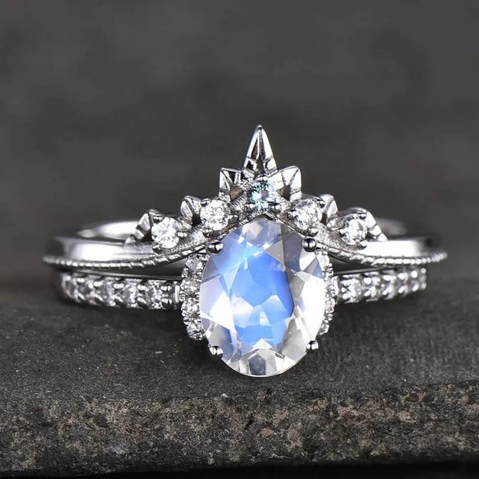 S925 Gold Natural Pear Shape Cz Rainbow Moonstone Ring Boho Wedding Set