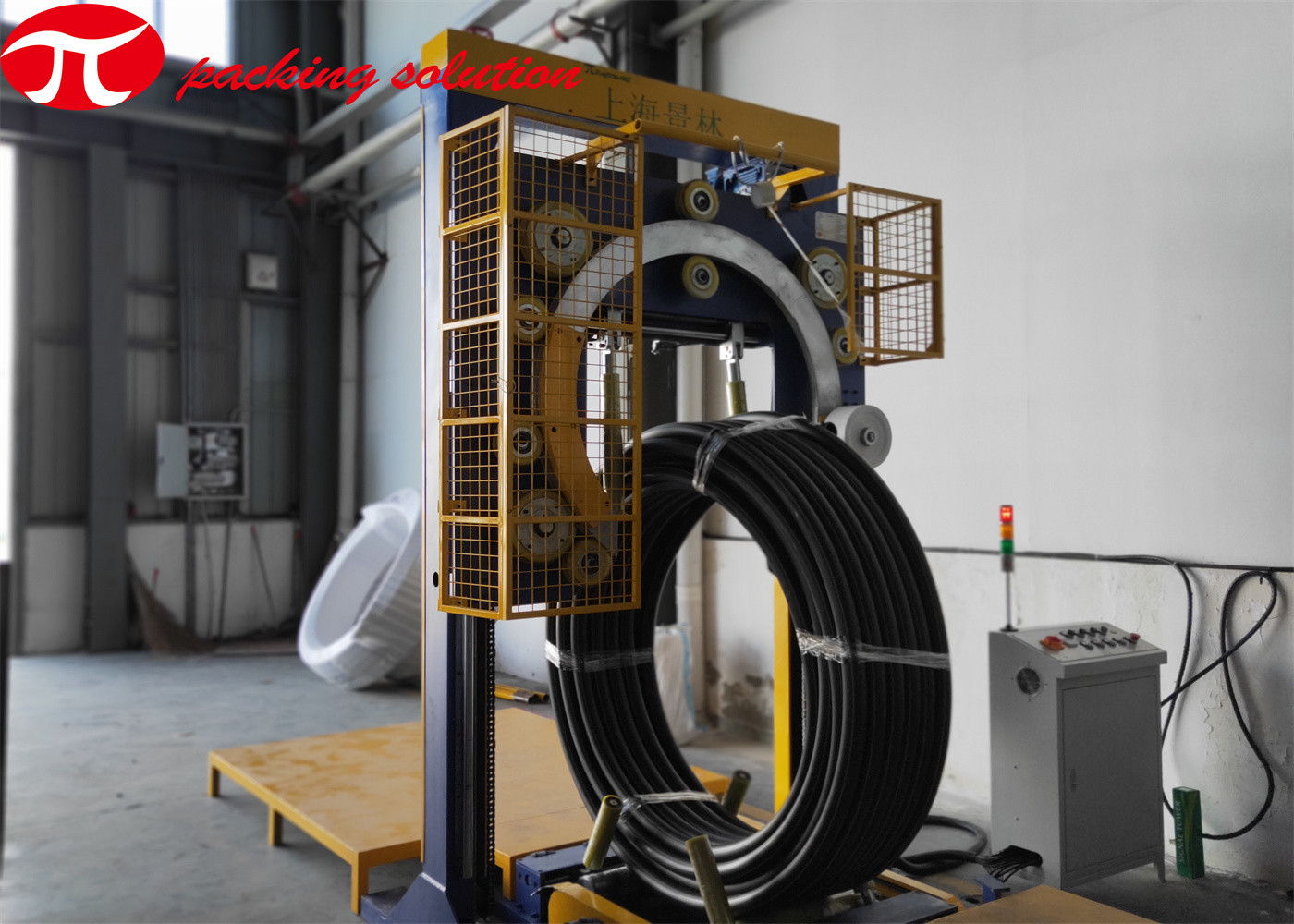 Automatic Plastic Cable Packing Machine , Pipe Coil Wrapper 50r/Min 50mm Material ID