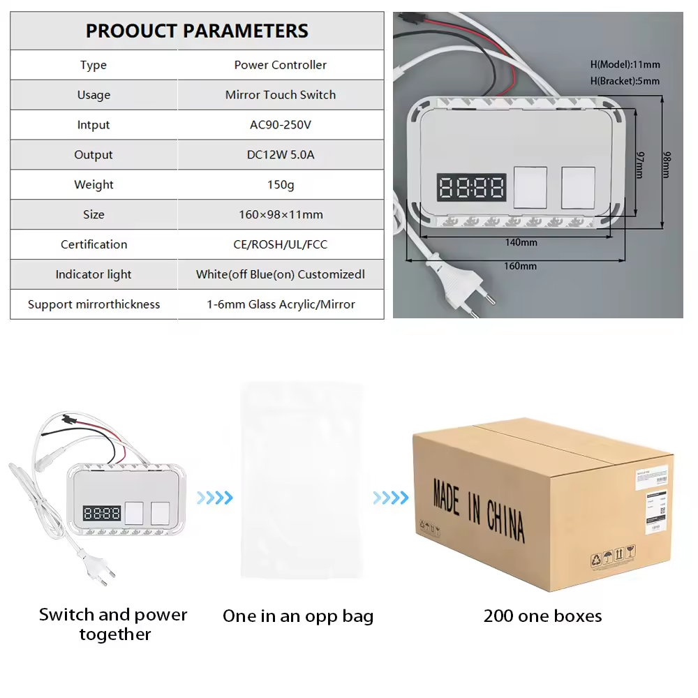 Smart Double Button Touch Sensor Switch with Time and Temperature Output Voltage DC12V
