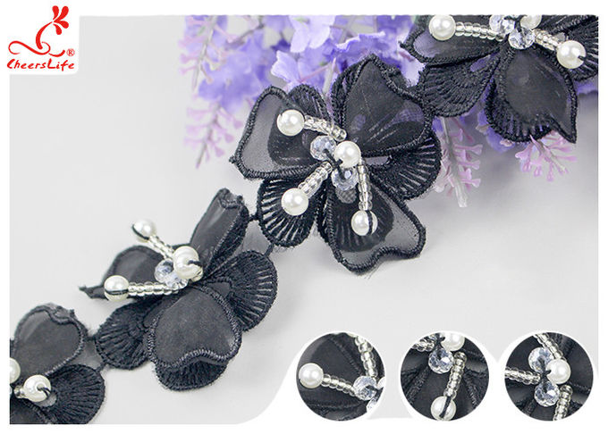 Black 3D Flower Embroidered Lace Trim With Beaded Azo Free Dyeing Pass OEKO TEX