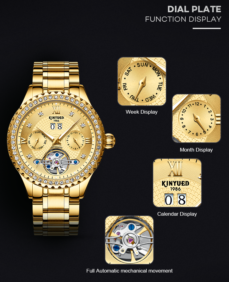 KINYUED Luxury Brand Watches Chronograph Men Sports Stainless Steel Waterproof Mechanical Watch