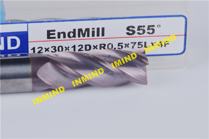 high hardness R0.5 Corner 10mm / 12mm AOL 75mm Corner Radius end mill upto HRC65 4 Flute ALCRONA Coating