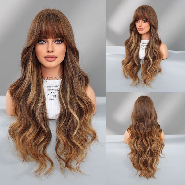 Fashion Long Body Wave Highlighted Hair Brown/Blonde Synthetic Wigs For Women
