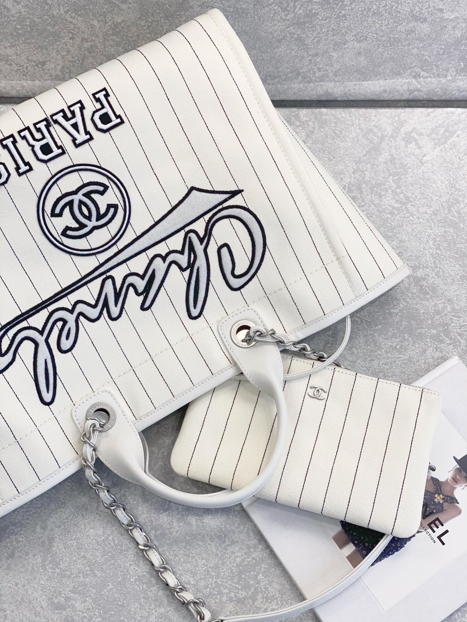30cm 23P Chanel Deauville Tote Bag White Ecru Black Stripe