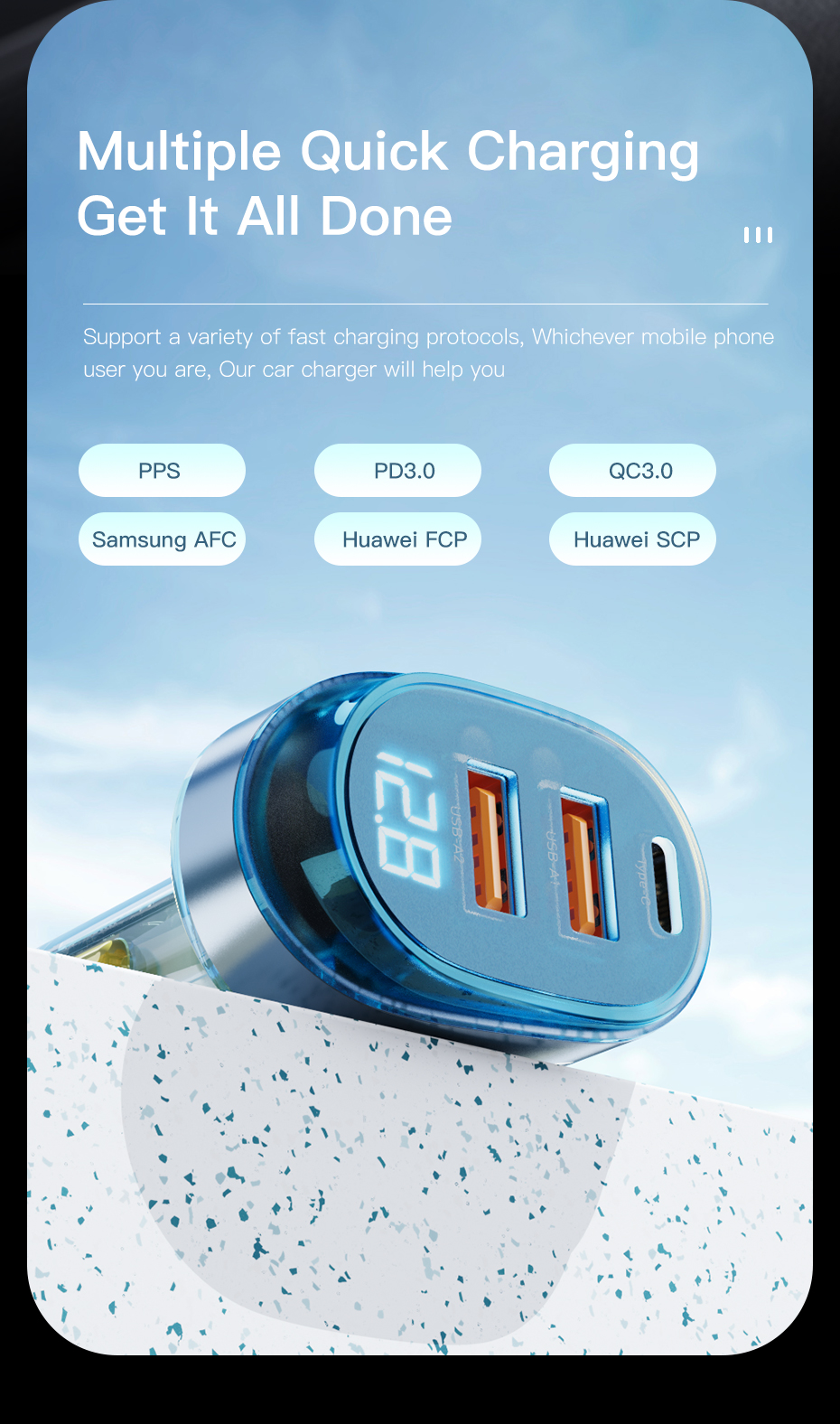 Official Store Digital Display Car Chargers 125W Transparent with 1 Type-C 2 USB-A