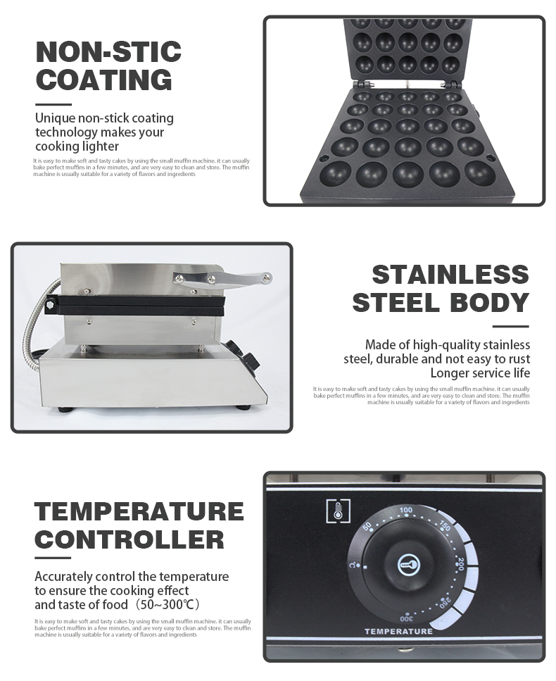 25 Holes Commercial Electric Ball Shape Waffle Maker with Temperature Range of 50-300