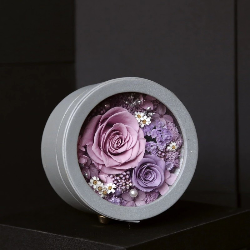 New design long life flowers round leather box preserved rose gift for lover rose gift
