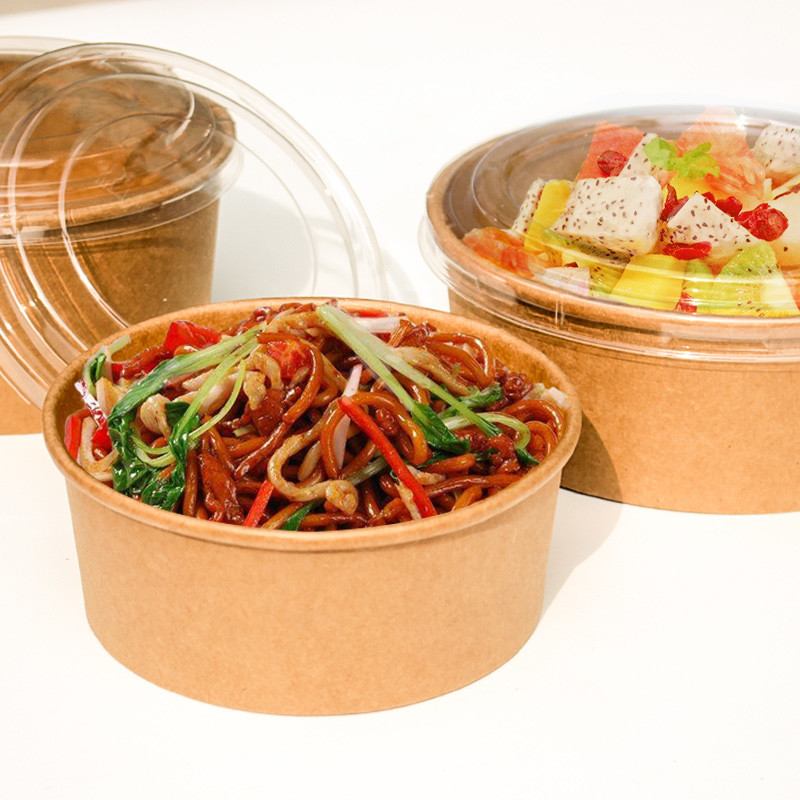 Custom Shaped Biodegradable 30oz Disposable Kraft Paper Sugarcane Bagasse Fruit Paper Salad Packing Bowl With Lid
