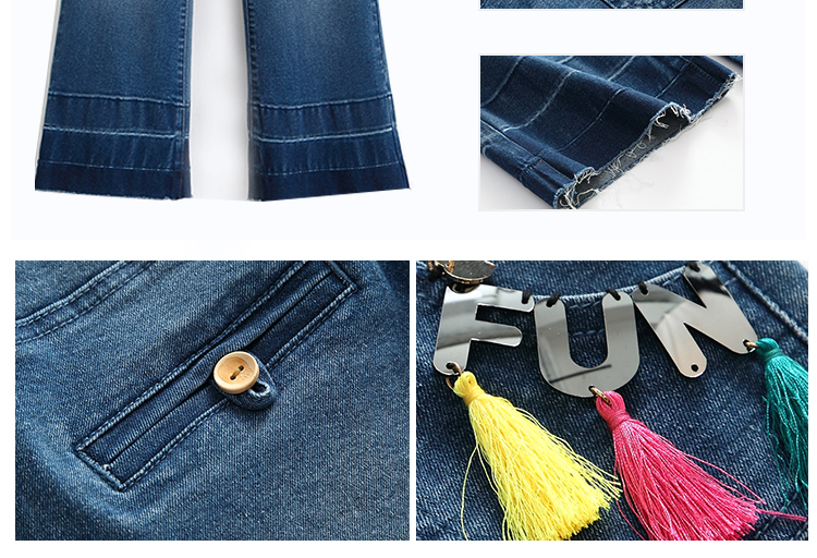 Wide Leg Tassel Trim Girls Denim Jeans , Bell Bottom Pants Adjustable Waist
