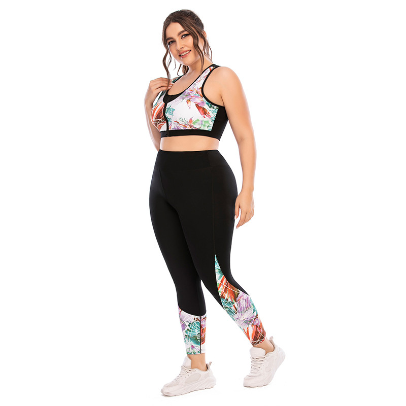 Printing Front Zip Gym Plus Size Two Piece Workout Sets Sleeveless Nylon Spandex