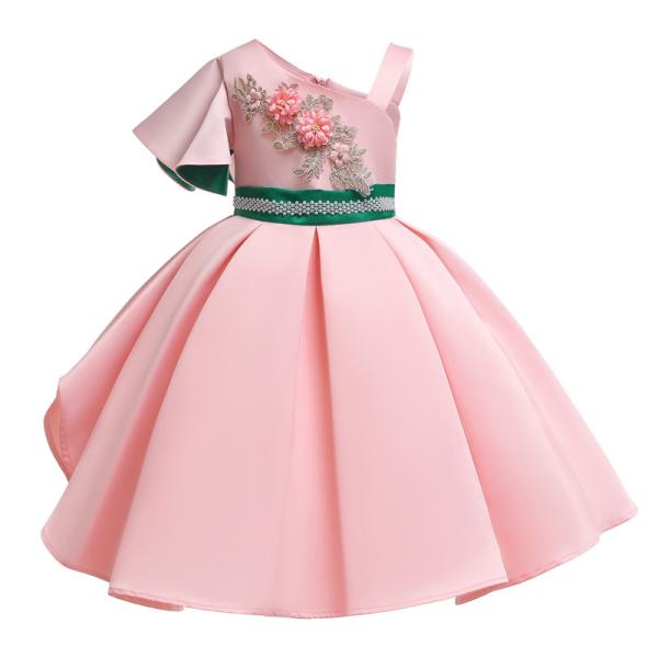 Fashion Single Sleeve Flower Girl Dress Single Shoulder Green Pearl Belt Dress