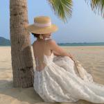 Sexy Back Tie Strap 115cm White Sleeveless Beach Dress Mid Length