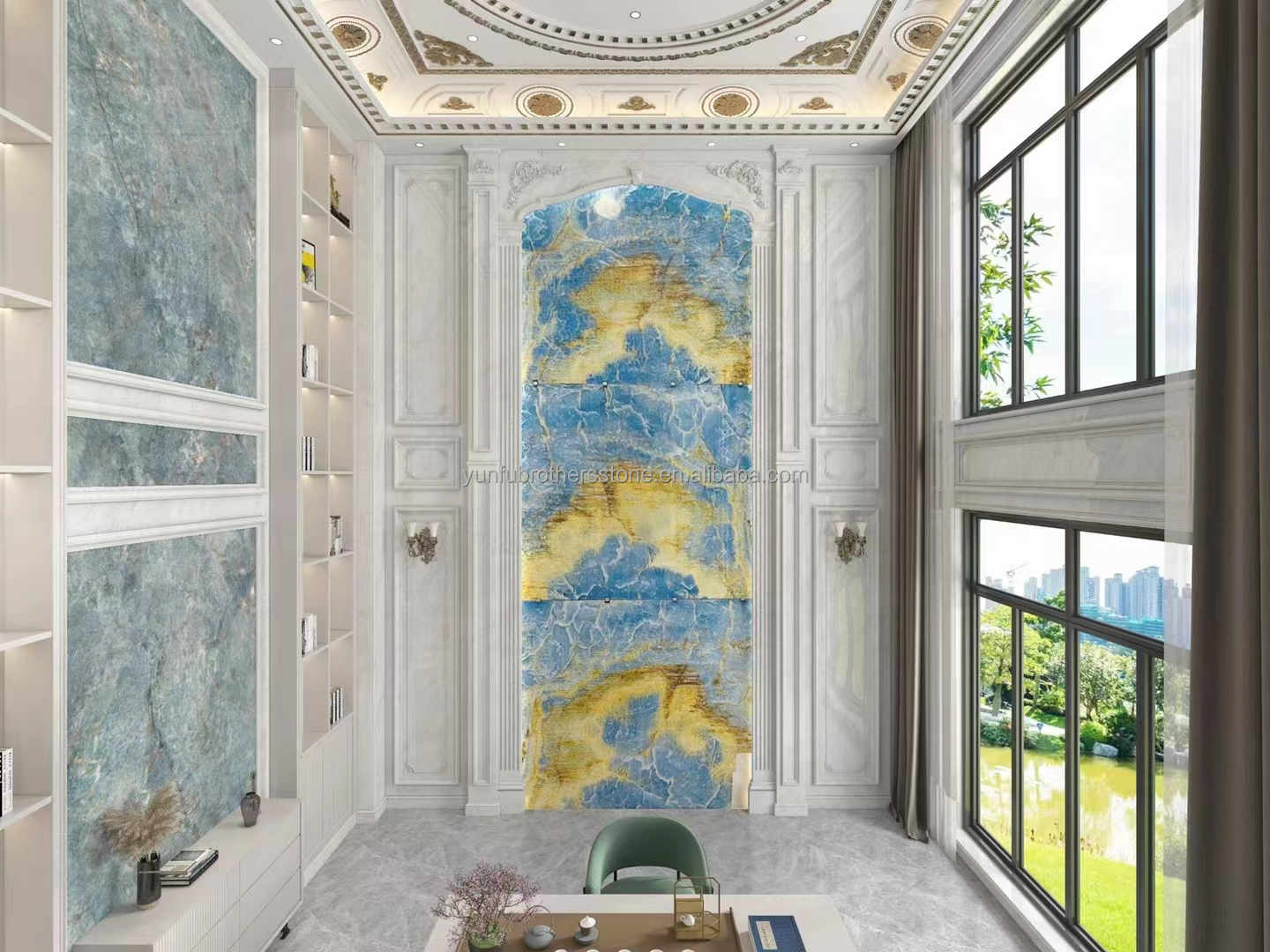 Natural Translucent Blue Onyx Stone Slab for TV Background Wall Panel in Golden Blue