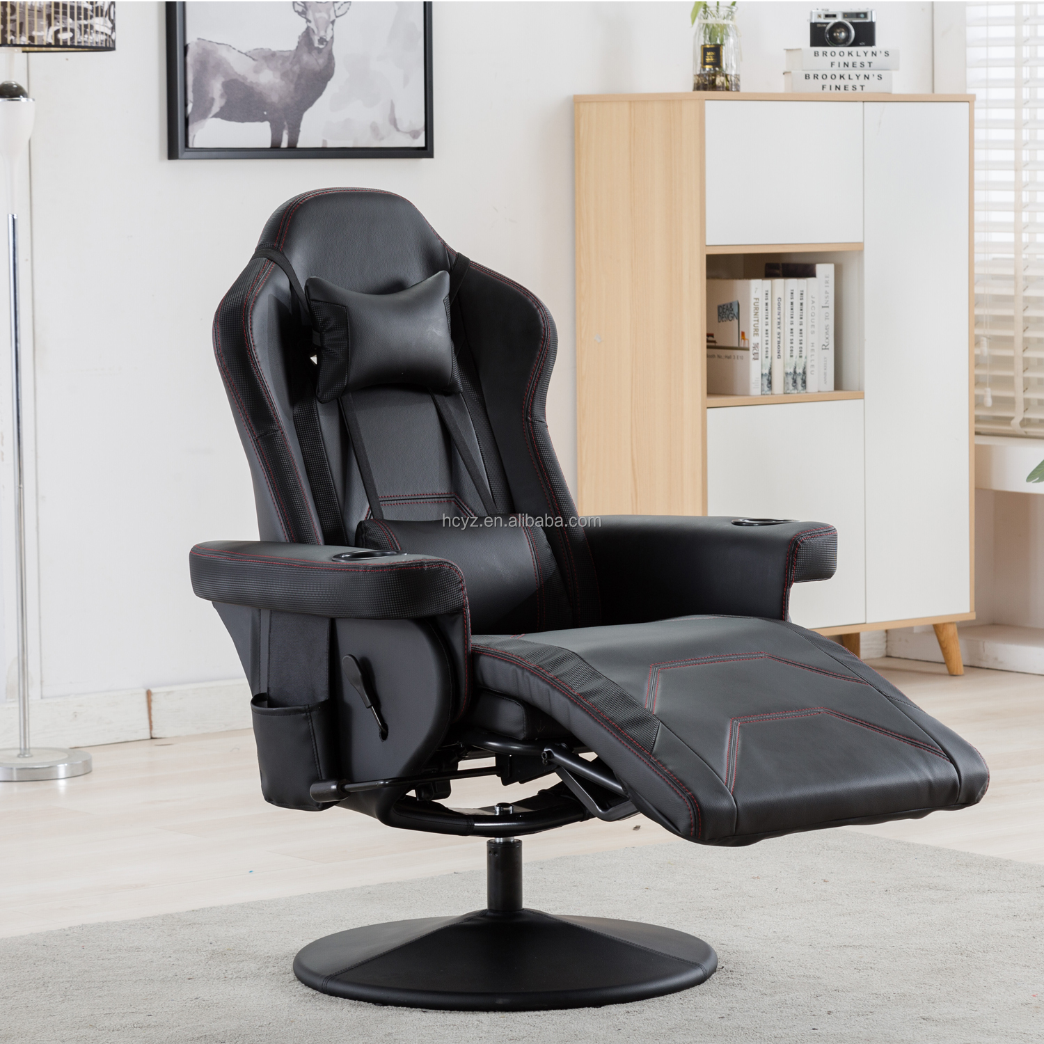 Gaming Chair With Cup Holder Pink Racing Style Leather Ergonomic Seat Swivel Sofa For Home